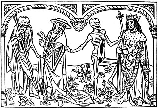 23. 「ダンス・マカーブル（死の舞踏）」 14世紀西欧のメメント・モリ（死を想え）の声が描き出した死の象徴。この図像は死に翻弄される生、死の前での平等を表現。パリのレ・ジノサン墓地に最古の記録が残るが、出版業者マルシャンによる1485年の出版物は世にこの主題を伝播した。