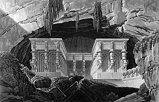 48. シンケル「『魔笛』の舞台装置」（1815） これは「夜の女王の宮殿入口」の舞台であり、エジプト神殿がグロッタ内に設けられている。それ自体がフリーメーソンの三位階を示すとされる『魔笛』のために、シンケルはそのエジプト的雰囲気とフリーメーソン性を表現した。