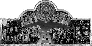 115. フラ・アンジェリコ「最後の審判」（1430頃） フラ・アンジェリコの最初期の作の一つ。キリストが死者を蘇らせ全ての人々を天国と地獄に選別する。中央には開かれた墓、一方には楽園で喜び踊る人々、他方には悪魔によってグロッタの中へ導かれる人々。