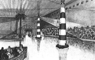1──ウェルフェアアイランド・ホテルのインテリア 引用出典＝Rem Koolhaas, Derilious New York, Oxford University Press, 1978. 難破と無人島という一対の主題に基づく劇場とナイトクラブ／レストランのインテリア。水没したフロアは外の川とつながり、柱は灯台に見立てられ、ステージは沈没船の外殻を割って作られている。2000人の客が水際のテラスでショーを見物しながら食事を取ることができる。水面下の軌道によって運行される救命ボートにはビロードのベンチと大理石のテーブルが装備され、天候が許せば外の水面へと乗り出すこともできる。