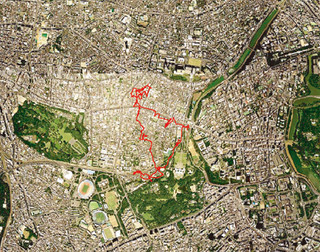 GPSで記録したフィールドワークの軌跡 地図＝デジタルアーステクノロジー「スカイビュースケープ」