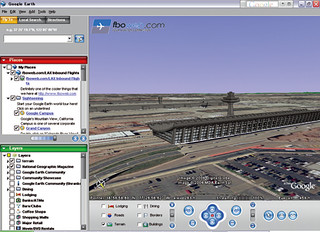 3──Google Earthで見た空港風景 手書き風CGツールSketchUpを利用。Google Earthの固有情報を記述したKMLファイルから起動。©Google, The GeoInformation Group