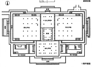 3───教会本部神殿平面図　東（1984）西（1981）礼拝場は、竹中工務店による、中心の真座に甘露台を置く。