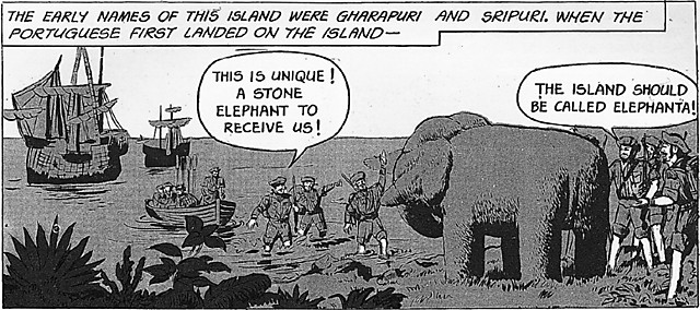 17──漫画に描かれたエレファンタ島の発見。 象の石像が島の名の由来