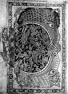 19. ウィンチェスター派 「地獄に落ちた人を見る天使」 キリスト教美術では地獄は巨大な海獣の口の中に描かれた。口の中には罪人と悪魔、外には天使が地獄に落ちた人を見ている。この絵は12世紀の『ウィンチェスター詩編』のもの。