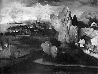 16. パティニール 「ソドムとゴモラの滅亡の光景」 （1521〜） 神の罰を受けて、彼方の黒い都市が赤く燃えている。
