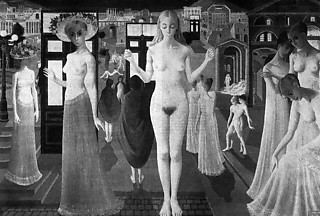 30. P・デルヴォー「ポンペイ」（1970） 埋没した古代都市の夢。静かにマネキンのような裸婦たちが立つ。