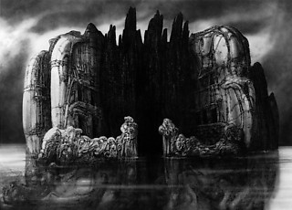 37. H・R・ギーガー「ベックリンへのオマージュ」（1977） 有機的な機械に変貌した「死の島」。未来の悪夢としての「死の島」。