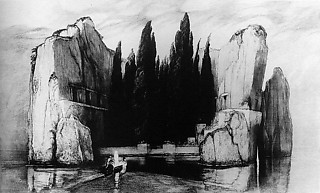 35. A・ベックリン「死の島」（1890） 島に抱かれる糸杉が陰鬱さを強調する。フィレンツェ滞在中に描かれたもの。