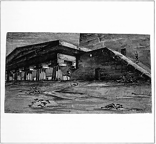 49. イリア・ゴロゾフ「ペトログラードの火葬場計画案」（1920） ロシアの革命期においてゴロゾフはロマン的古典主義と呼べる作品を手懸けた。その代表的作品であるこの計画案は、古典的神殿を半分以上地面に沈下させており、啓蒙期の、特にブレーの葬儀礼拝堂計画を想起させる。
