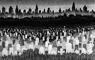 42. 関野準一郎「墓とニューヨーク」（1960） 墓石（死）と摩天楼（生）が類似する。