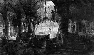 55. ガンディー「マーリンの墳墓」（1815） ガンディーはソーンの設計のドローイングを描く傍ら、霊廟や墳墓を題材とする幻想的作品を描き続けた。奇異なモニュメントの散在するクリプト内でアーサー王伝説の高徳の魔法使いマーリンの石棺が青白い光を放つ。