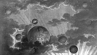 51. 52. ルドゥー「ショーの町の共同墓地」 （『芸術、風俗、法制との関係の下に考察された建築』、1804） 地下カタコンベ／地上と地獄／天国のイメージの重ね合わせ、両世界をつなぐ空虚な球体、球体内の火葬の煙を天へ、天の光を球体へと導く天窓、これは壮大な〈死‐生〉物語である。立面図と題される惑星のドローイングはより暗示的。