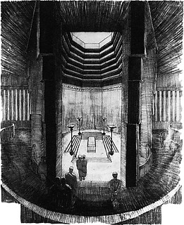 56. ベルラーヘ「レーニン廟計画案」（1926） 1924年に訪ソしたベルラーヘは、同年に他界したレーニンのための霊廟を設計。実際はシチューセフが製作し、廟内に遺体を安置した。ベルラーヘもガンディー風の安置された石棺を描いた。 