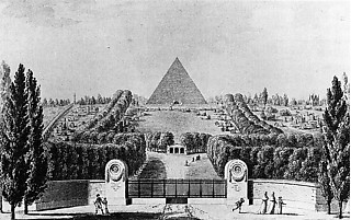 60. ブロンニャール「ペール・ラシェーズ墓地第一次案」 （1812頃） 教会墓地の閉鎖に伴いパリ郊外に新たに墓地が設営された。ペール・ラシェーズ墓地に代表されるそれらは風景式庭園墓地であり、生と死に道徳的な触れ合いと快い休息をもたらすアルカディアとして考えられた。墓地は1804年に開設。