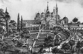 v101. パドヴァの植物園（1545） 楽園の象徴である閉じられた四分割パターンは、探検や征服によって得た世界各地の自然を、再構成された世界として示すには適切な構図である。大学付属施設として作られたパドヴァの植物園はそういった植物園の最初期のものである。
