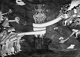 114. 乳海撹拌の図（パンジャブ高原・19世紀） インドラの苦情をうけて、ヴィシュヌは宇宙秩序を維持する計画を立てた。悪魔と神々の群れが互いに宇宙の蛇セッシャを引っ張りあい、両者の引っ張りあいは中心の柱を回転させ、乳海をかきまぜ、不老不死の水アムリを作り出す。