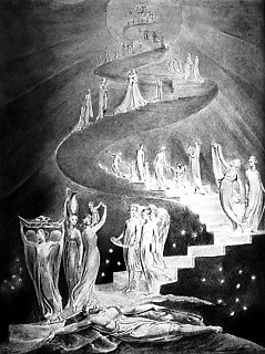 113. ウィリアム・ブレーク「ヤコブの梯子」（イギリス・1800年頃） 月は天界への扉である。「ヤコブの梯子」は月を通って天まで螺旋状に昇る天使たちを人間の魂の螺旋的上昇と、それに応じる光の下降のシンボルとして表わしたもので、すなわち、死と生の周期のリズムの表現にほかならない。