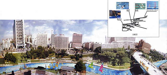 24：川ればー 東京を流れる川は、現在は都市の影になっていたり、よくても景色としてながめられているに過ぎず、インフラとして街を横断して存在しているのにもかかわらず積極的に利用されていない。この川を川幅や橋、岸の状況を反映して、競泳用、飛び込み用、水球用プール、水族館として利用する提案。（AM＋WM）