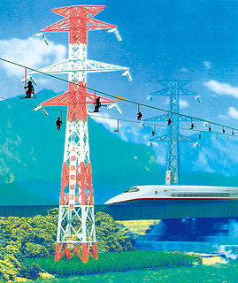 34：送電線リフト 東京の空中を縦横無尽に網羅する高圧送電線。東京を中心として放射線状に蜘蛛の巣にも似た送電線ネットワークが形成されている。この送電線を辿っていくと山間部、 臨海部へと至る。都心部からはるかな遠隔地を結ぶネットワークを交通機関として機能を付加させる。例えばスキー場のリフトを一本通してみる。それは渋滞知らずののんびり空中移動システム、あなたの町から山へ、海へとダイレクト・アクセス。（KU）