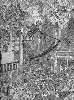 ジェームズ・アンソール  《人間の群を駆り出す死》1896 悪魔や亡霊がひとつのテーマであった19世紀末の象徴主義の時代、ベルギーの画家アンソールもまた幻想的で病的な版画作品を制作していた。それは没落してゆく文明社会の生に潜む死の香りを嗅ぎつける作業である。このエッチングには都市の住民のその不安に対するグロテスクな動揺が描かれている。