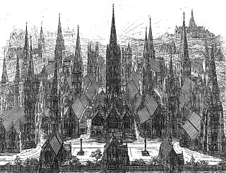 A・W・ピュージン『イギリスのキリスト教建築再興の擁護』（1843）より この目録表的風景はピュージンのゴシック・リヴァイヴァル擁護を表わしている。25の教会や礼拝堂や学校が、日の出の光を浴びて、まるでゴシックの新しいエルサレムのように並べられている。この風景は、実際にはディテールの氾濫ともなろうが、想像の中ではとてもドラマティックな効果を与えている。