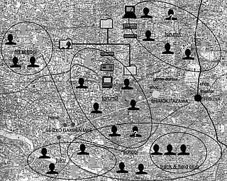 東京大学建築学科高橋研究室「東京1995」（『10＋1』no.5、1995） 東京の典型的居住者19人を選択し、彼らの1日の生活を視覚的に表現したもの。図版はそのcase 3（成城に住む中学生）の生活であり、彼の実際の生活領域（成城、下北沢、渋谷）の地図と、パソコン通信のネットワークの地図の重ね合わせによって表現されている。