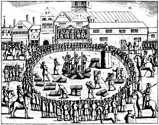 4人の異教徒の火刑 『殉教者についての本』（フォックス、1648）より メアリー1世が英国女王の頃（1553─58）、プロテスタントは迫害され始めた。人々は処刑を取り囲んで見物している。