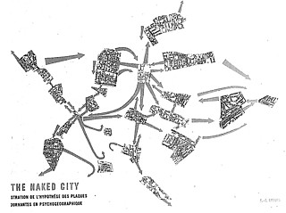 G・E・ドゥボール「裸の街、都市の精神地理学に基づく回転するプレートによる仮定」、1957 サイコジオグラフィは、都市の地図に個人的な心理的距離・雰囲気に基づく書き換えを要求する。そこでは都市と人は外的目的に基づきながらも、知覚を介して心理性を反映させながら、相互に影響関係を結ぶウルバノフィリア的関係にある。絶えず繰り返される反省は、地図のみならず、ひとつの都市をも作り変えると言える。