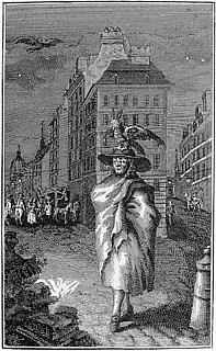 レチフ・ド・ラ・ブルトンヌ 「夜、首都の街を歩く〈観察するふくろう〉」 『夜のパリ』より レチフは小説『パリの夜』（1788）、『夜の週日』（1790）、『パリの二十夜』（1794）によって革命期のパリを描写した。彼はマントをまとい夜のパリを徘徊する「観察するふくろう」となり、秘められた虚栄の都市のヴェールをめくった。「影と対照をなす街灯のかすかな光も、影を消しはしない。光は影をいっそうきわだたせる。（…中略…）私は「人間」を知るためひとりさまよい歩いた。だれもが目を閉じているときに、見るべきことのなんと多いことか！」。