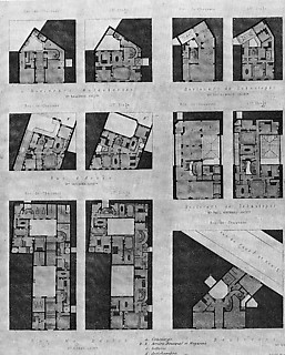 セザール・ダリィ「パリのアパートメント・ハウスのプラン」、19世紀 19世紀前半の都市の人口増加やブルジョワジーの台頭は、いまだ建築の対象とされなかったアパートメント・ハウスに関心を払わせることになった。オスマニザシオンの過程ではそれは都市の原理からも重要な問題であった。当時もっとも重要な情報源はダリィの『建築と公共工事の一般的雑誌』（1839-88）で、彼はアパートメント・ハウスに関する記事の出版を通してオスマンの都市計画を支えたと言える。