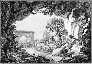 C・N・ルドゥー《テリュッソン夫人邸》 1781竣工 ユートピア文学の性質をもつ彼の『芸術、風俗、法制との関係の下に考察された建築』（1804）は、彼の建築作品によって構成される孤立した世界としての理想都市についての著作／作品集である。冒頭で彼の旅人は塩水を汲み上げる深い洞窟を通り抜けなければならなかった。実際にパリに建設されたこの邸宅のパースは、物語の中の入会儀式のための洞窟を思わせる。