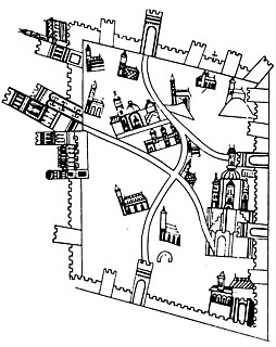 中世都市の地図 中世の地図はしばしば重要な記念碑などと道のみを示している。その道は重要なポイントをただ結ぶだけのものとしてのみ描かれる。