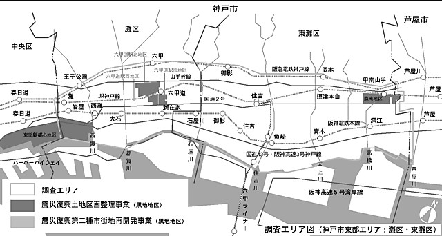 調査対象エリアは神戸市東部地域（灘区、東灘区）、阪急線以南の既成の住宅市街地を中心とした激甚被災地約600haの範囲であり、その大半が白地地域。「震災復興」が比較的早いと喧伝され、住宅の再建もある程度進んでいると言われていた。 私たちのメンバーが日頃、まちづくり支援の対象としている地区も多く含まれている。 1998年2月21日、最初のフィールドワークを実施。震災からすでに3年が経過していた。