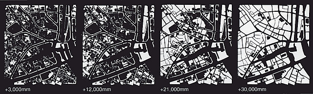 1──渋谷の各レベルにおける空隙部分 左図は渋谷の地表3─30mの高度での切断面を示す。白い部分がヴォイド、道を除く黒い部分が建物のヴォリュームである。これを見ると、建物の高さの差異によってもたらされる空隙がいかに多いかが一目でわかる。この白い空隙部分が、リサイクル可能な本プロジェクトの建設可能領域である。