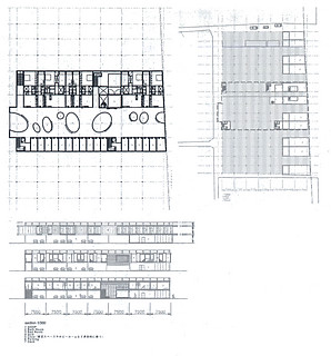 《富岡店舗併用集合住宅II》 上：1階平面図 左上：2階平面図 左：断面図