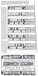《富岡店舗併用集合住宅I》 上：1階平面図 下：2階平面図