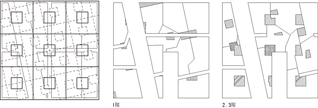 8——街区A敷地割図 左：もとの敷地の境界線の上に、それにあわせたグリッドと、計画道路にあわせたグリッドを重ねあわせる 中：1階平面敷地割図 右：2、3階の区画割図。度重なるコンバートの結果、敷地割とずれている。ハッチ部分は採光、通風用の中庭部