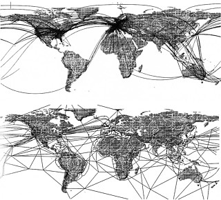 2──（上）世界の主要30空港およびそのネットワーク、 （下）世界の主要30通信局およびそのネットワーク 引用出典＝Arjen van Susteren, Metropolitan World Atlas, 010 Publishers, 2005