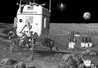 8──NASA による移動式月面基地の提案 エイムズ宇宙センターで宇宙居住プロジェクトの指揮を執る宇宙建築家マーク・コーエンらの最新の月面基地のコンセプトは、ロボットのように自力で移動可能なモジュール群が1カ所に留まらずに移動しながら観測と探検を続けるもので、HABOTと名づけられている。 © NASA