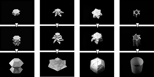 7──さまざまな3次元展開構造物の例（上段：収納時、下段：展開時） 引用出典＝十亀「シェル状形態を形成する3次元展開構造物の概念と幾何特性」