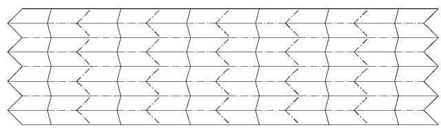 6──3次元展開構造物（筒状）  鏡映対称型の展開図（頂点数：6）実線：山折、点線：谷折 引用出典＝十亀昭人「シェル状形態を形成する3次元展開構造物の概念と幾何特性」（東京工業大学博士学位論文、2000）