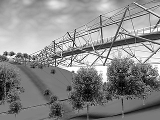 4──自然公園内の環境を傷めない歩道橋建設手法の提案 シンガポールの貴重な自然を破壊することなく建設できる歩道橋が求められたコンペ案。山頂までの仮設道路の敷設を避けて、比較的軽量小型の構造材を空中でテンセグリティ構造に「編む」ことで120mのスパンを架ける提案した。柔らかい構造だが吊り橋と違って形態に自由度があり、ここでも地形と景観に合わせてS字に曲がり将来も変形可能な点等で、極環境に類似した運搬と建設のアイディアである。 作成＝慶應大学池田研究室＋IKDS