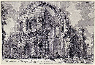 6─ジョヴァンニ・バッティスタ・ピラネージ 《ミネルヴァ・メディカ寺院の遺跡》『ローマの古代遺跡』（1756） 剥ぎ取られ、穿たれた壁面から内部空間が覗く
