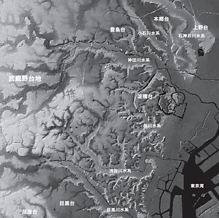 6──地形図を使って東京を水没させると、7つの丘と樹枝状に発達した谷戸（スリバチ）が浮かび上がる。東京都心が位置する淀橋台（千代田区西部・港区・新宿区・渋谷区の一部）は、東京のなかでも特に坂やスリバチが多い。 作成＝東京スリバチ学会