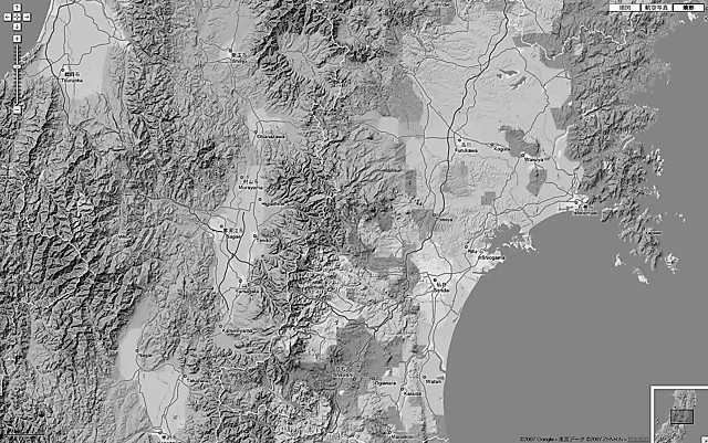 宮城県、山形県全域の地形地図 引用出典＝Google Maps