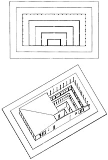 2──連続的に閉じた住居 『Donald Judd Architektur』（Westfälisher Kumstverein, Münster刊）所収の論考「囲われた庭」より 長辺と短辺中央の柱の位置と壁の開口の関係に注意