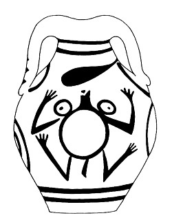 4──子宮のシンボルとヒキガエルを描いたアンフォラ。 クレタ島南部。ファイストスの第1宮殿出土。中期ミノアＩ期 引用出典＝マリヤ・ギンブタス『古ヨーロッパの神々』（言叢社、1989）