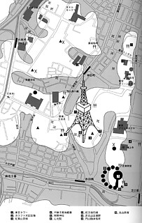 2──同、東京タワー周辺の詳細図（部分）。 白い部分が洪積層 引用出典＝『アースダイバー』（講談社、2005）