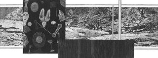 9──ミースのコラージュ 引用出典＝Mies van der Rohe, Welner Blaser, ed., Verlag fur Architektur, 1960. ラゾール邸（1938）のために作成されたミースのコラージュ。建築的な要素は物質化されておらず、外部の岩肌、絵、木製キャビネなど、孤立したオブジェの関係が主に描かれている。